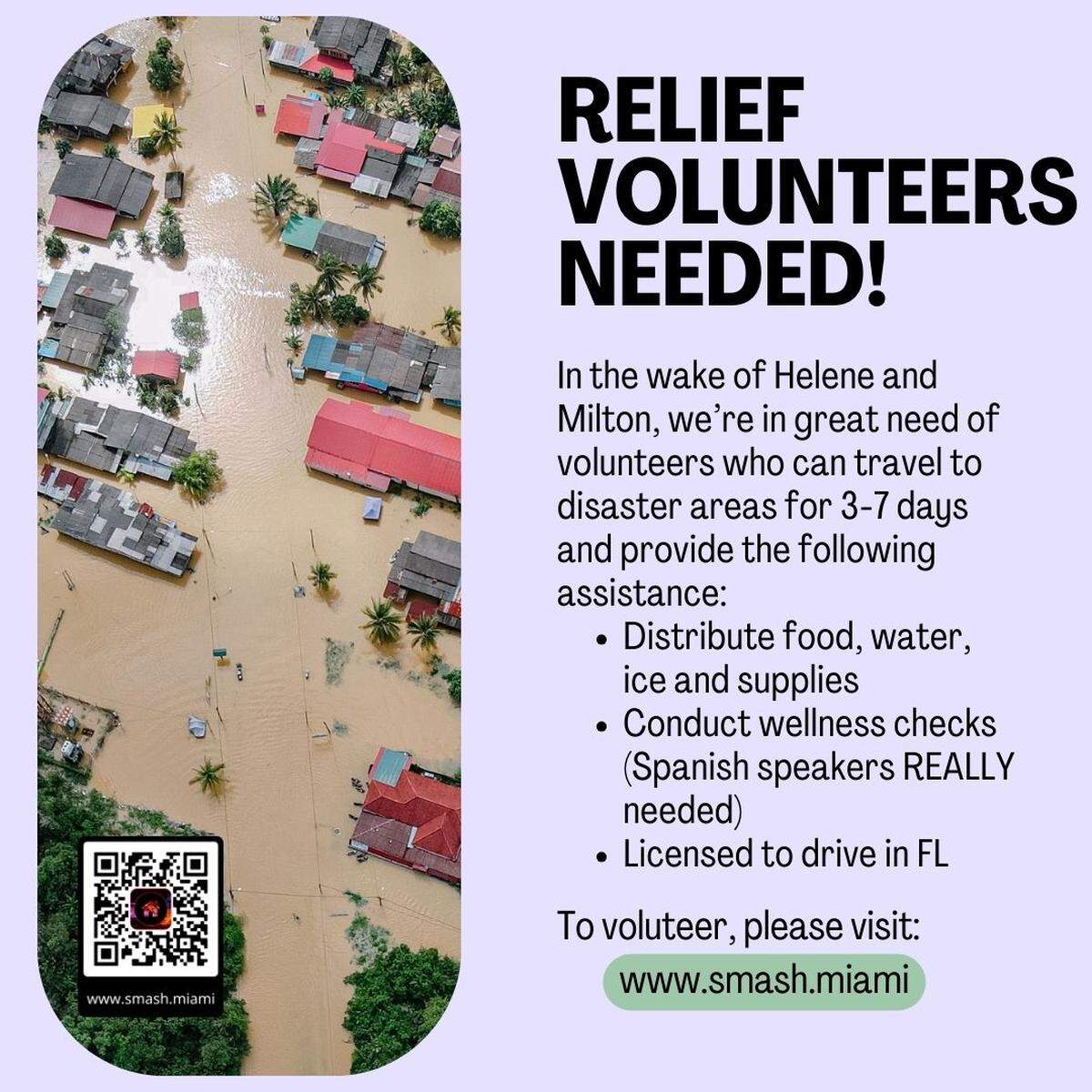 Smash, a Community Land Trust organization in Miami, is asking for volunteers to help with relief efforts in the aftermath of Hurricane Helene and Milton.