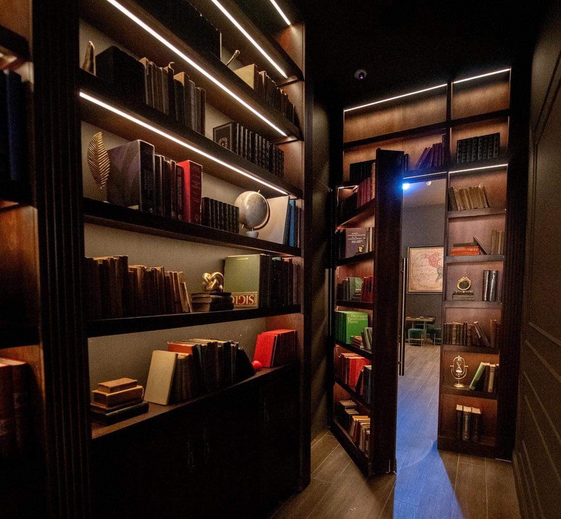 The entrance to the secret bar La Biblioteca, which is hidden inside Presidente Bar Miami