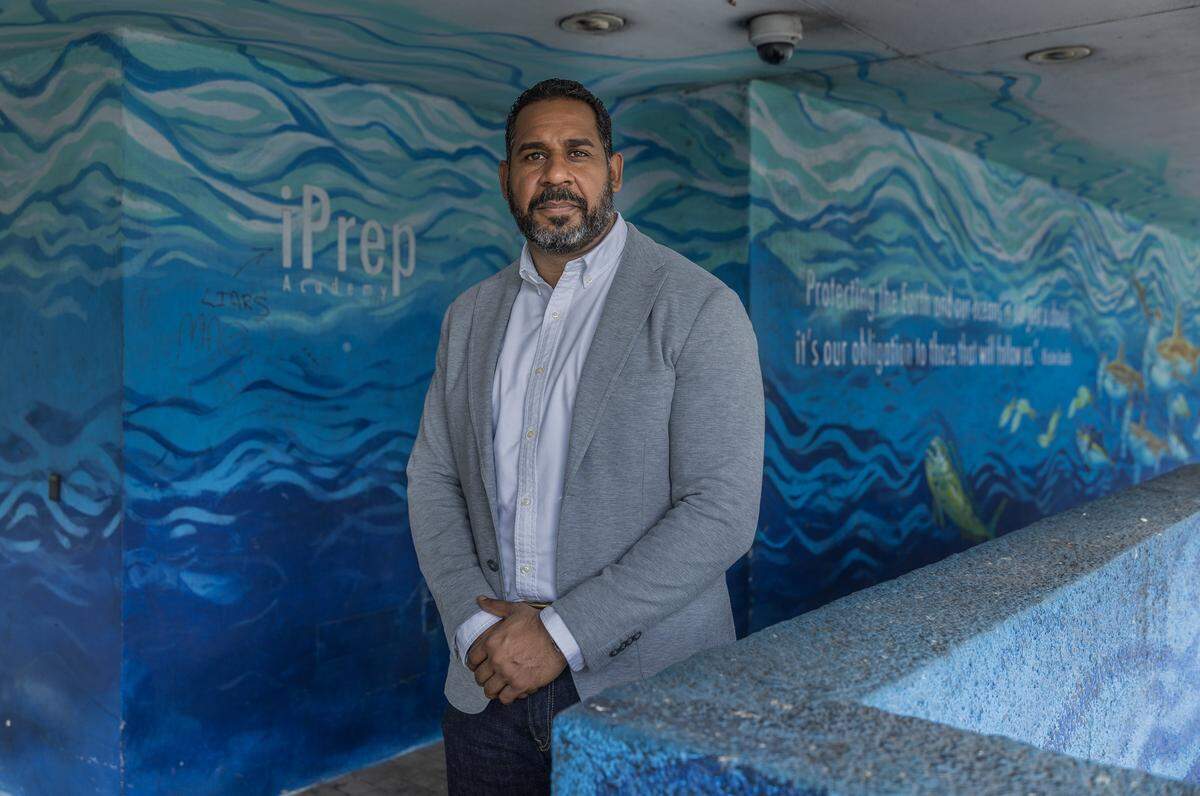 Cesar Garcia posed outside of the iPrep Academy, in Miami, as he starts his first-year as teacher, teaching computer applications in business, critical thinking and personal financial thinking, on Friday, August 08, 2025.