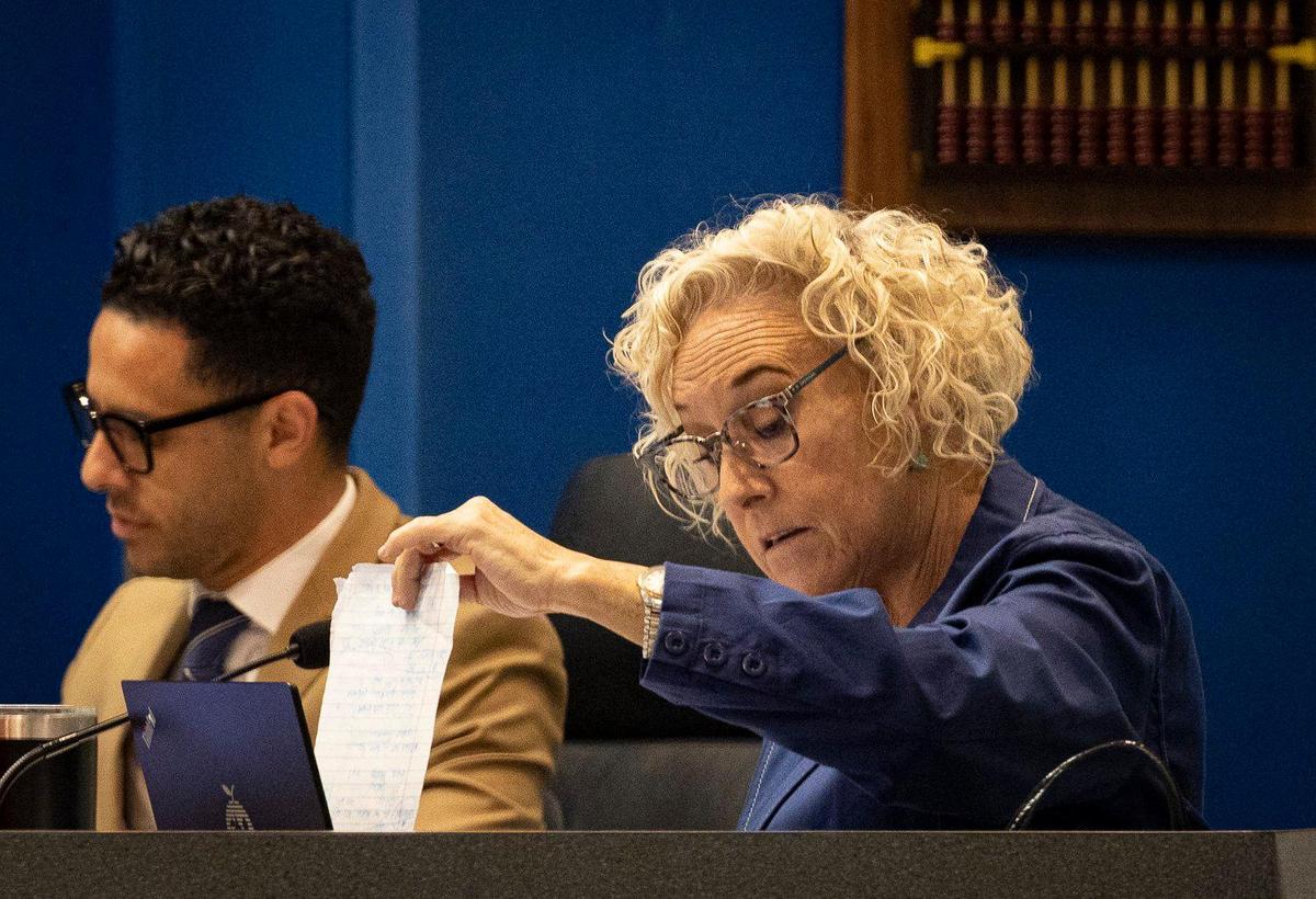Board member Nora Rupert looks through notes on the candidates during a Broward Country School Board meeting discussing candidates to move forward as semi-finalists in the superintendent search on Monday, May 22, 2023, in Fort Lauderdale.