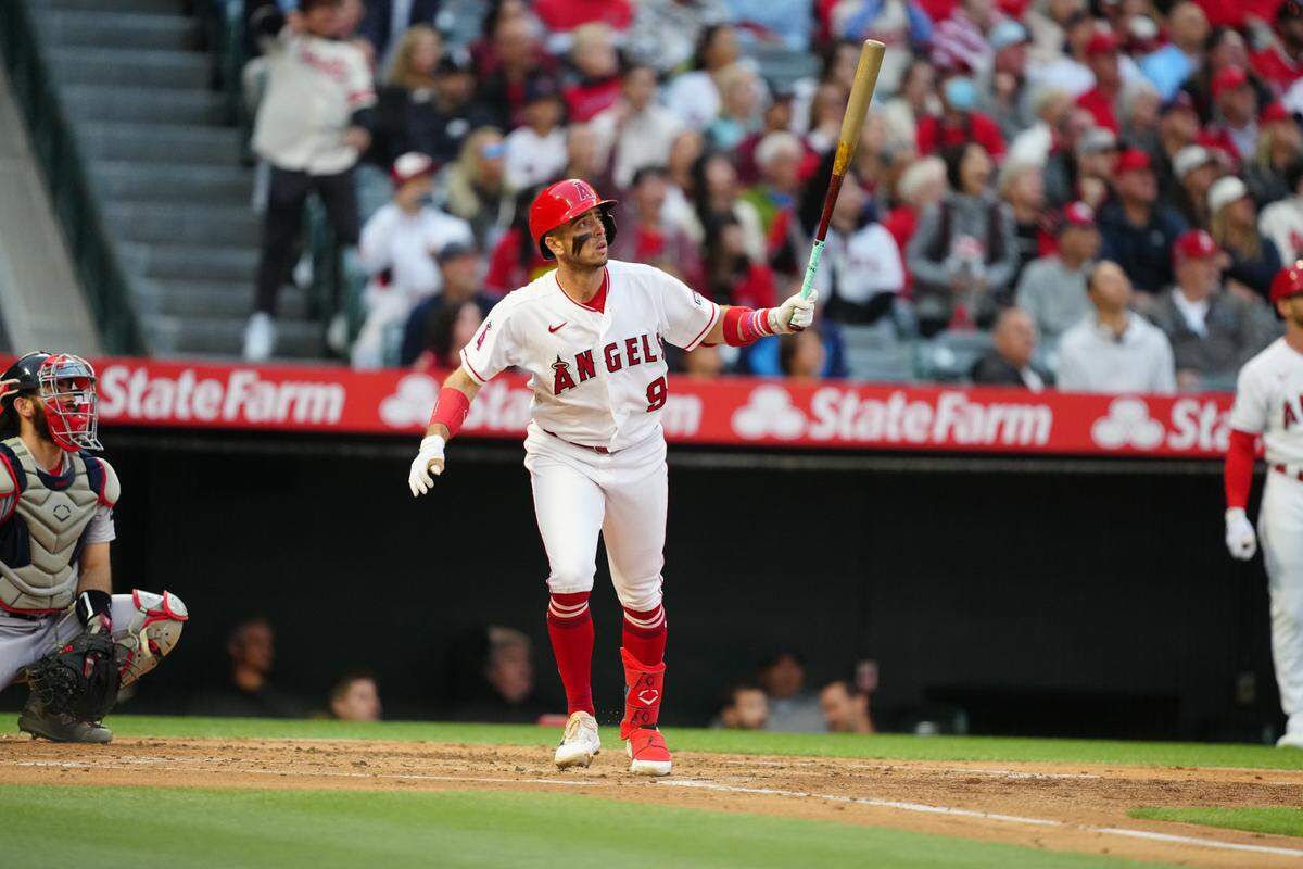 Los Angeles Angels shortstop Zach Neto (9) hits a three-run home run in the second inning against the Boston Red Sox at Angel Stadium on Wednesday, May 24, 2023.