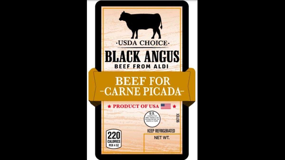 The label for USDA Choice Black Angus from Aldi, Beef for Carne Picada.