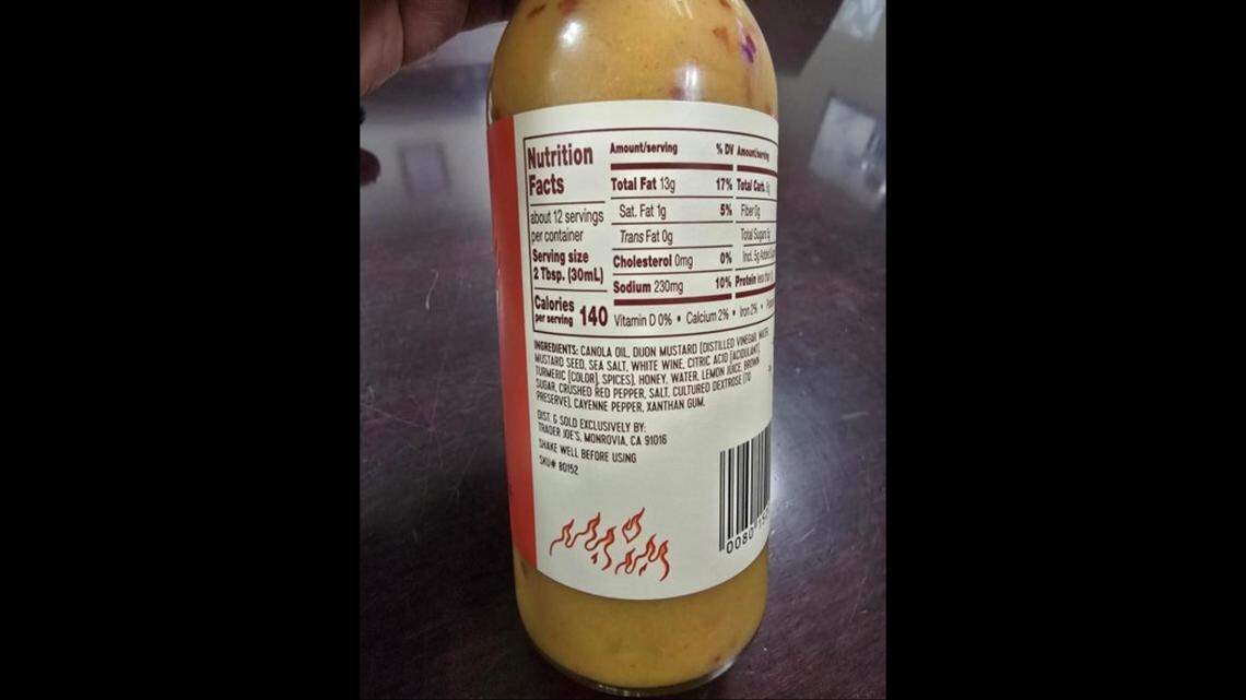 The ingredients label of the recalled Trader Joe’s Hot Honey Mustard Dressing.