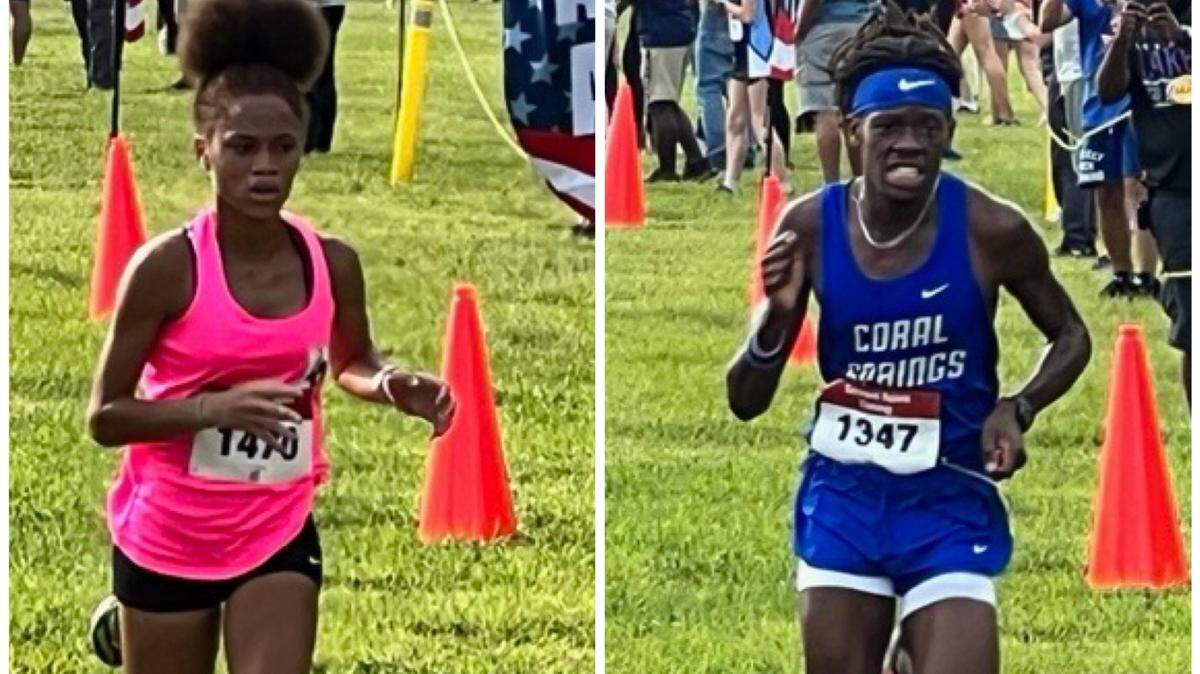 Dillard’s Christiana Coleman (left) and Coral Springs’ Jeffrey Belizaire (right) each won BCAA cross-country championships on Thursday afternoon at Markham Park in Sunrise, Fla.