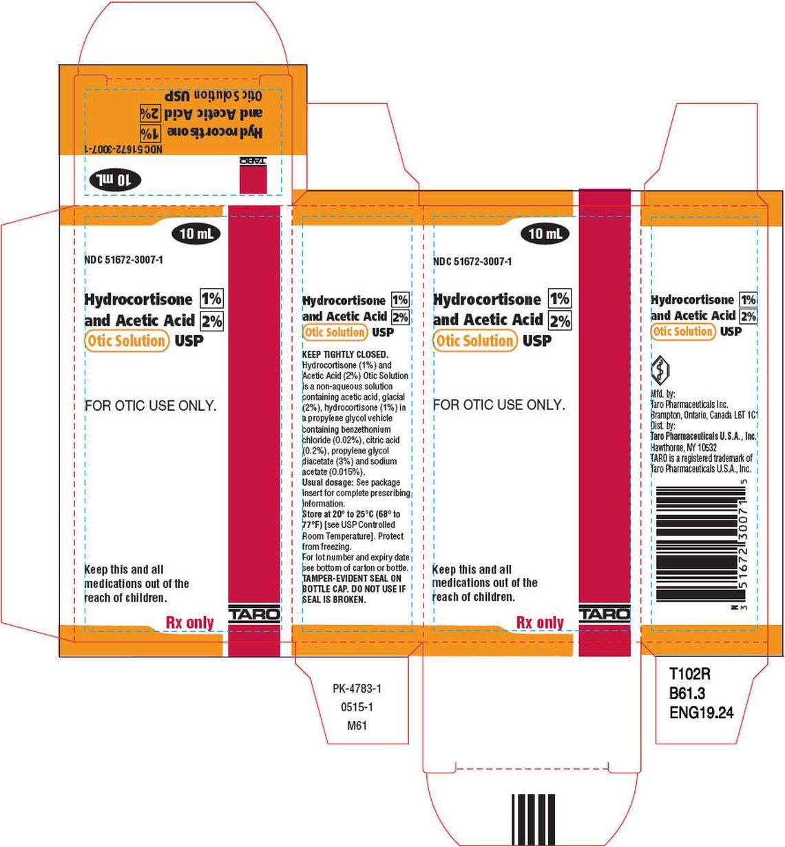 The deconstructed box of Taro Pharmaceuticals’ Hydrocortisone 1% and Acetic Acid 2% Otic Solution USP