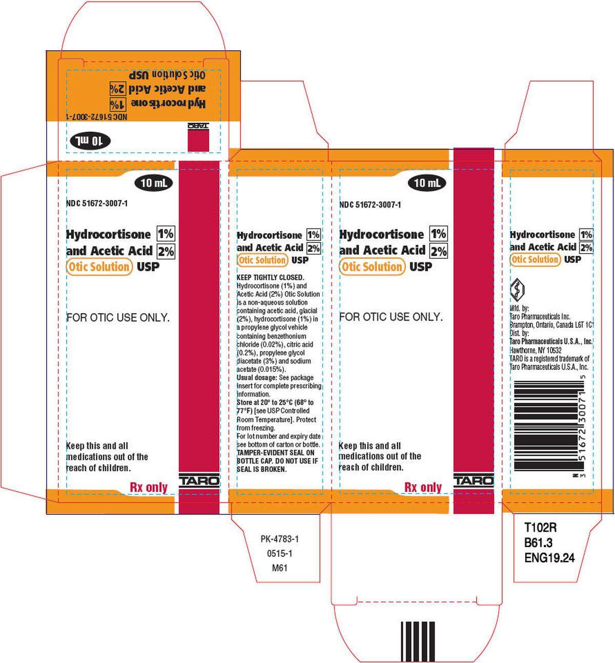 The deconstructed box of Taro Pharmaceuticals’ Hydrocortisone 1% and Acetic Acid 2% Otic Solution USP