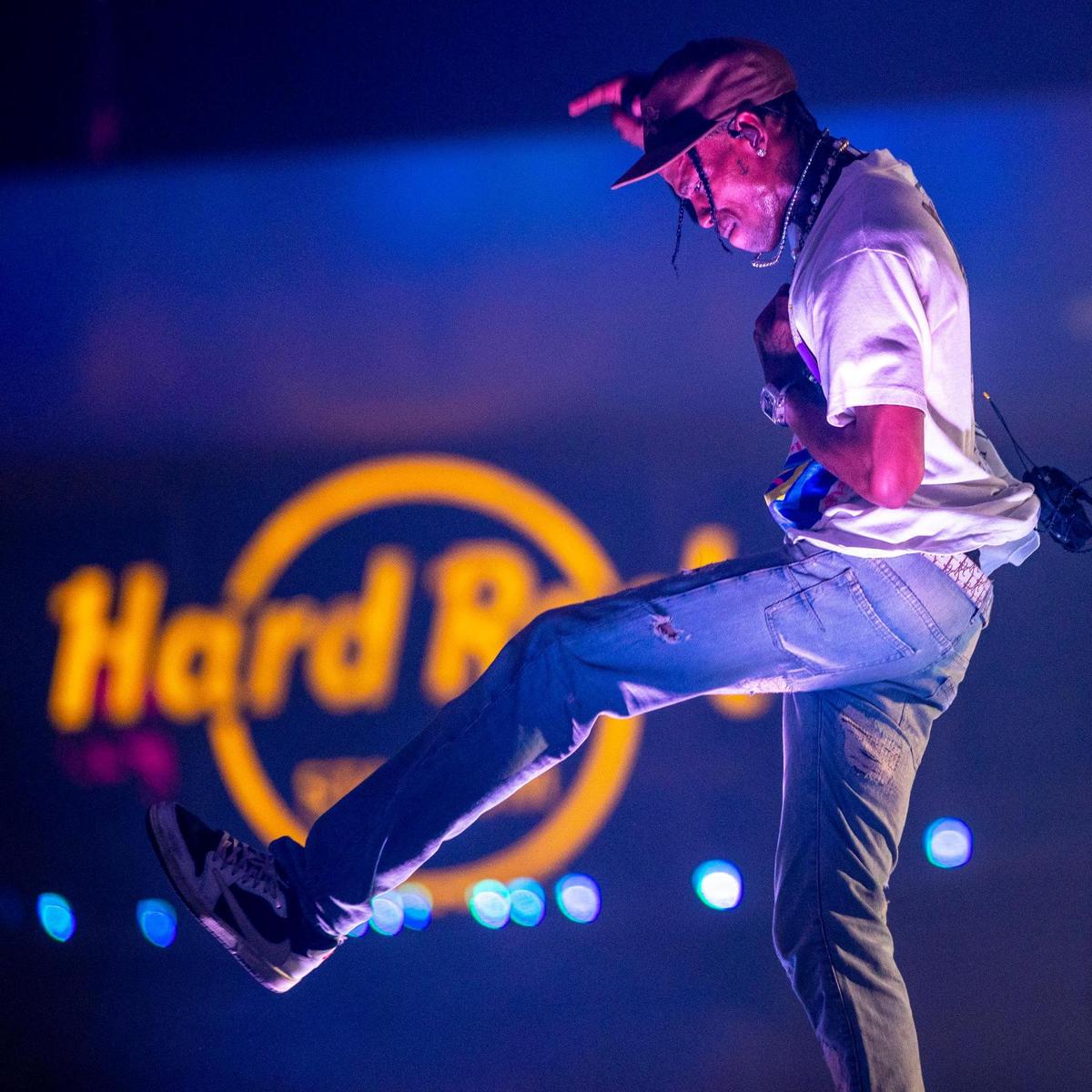 American rapper Travis Scott performs on the Ciroc main stage after being brought out as a suprise guest by fellow rapper Future during the second day of Rolling Loud Miami, an international hip-hop festival, at Hard Rock Stadium in Miami Gardens, Florida, on Saturday, July 23, 2022.