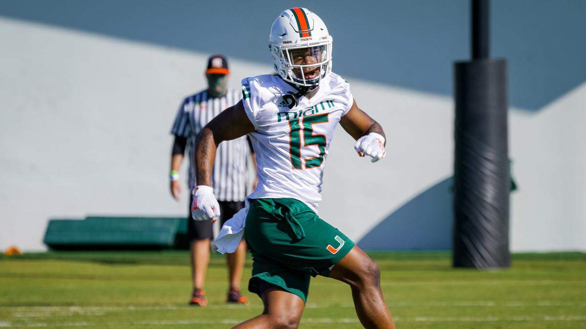 Miami Hurricanes second-year freshman safety Avantae Williams is shown during spring practice on March 15, 2021.