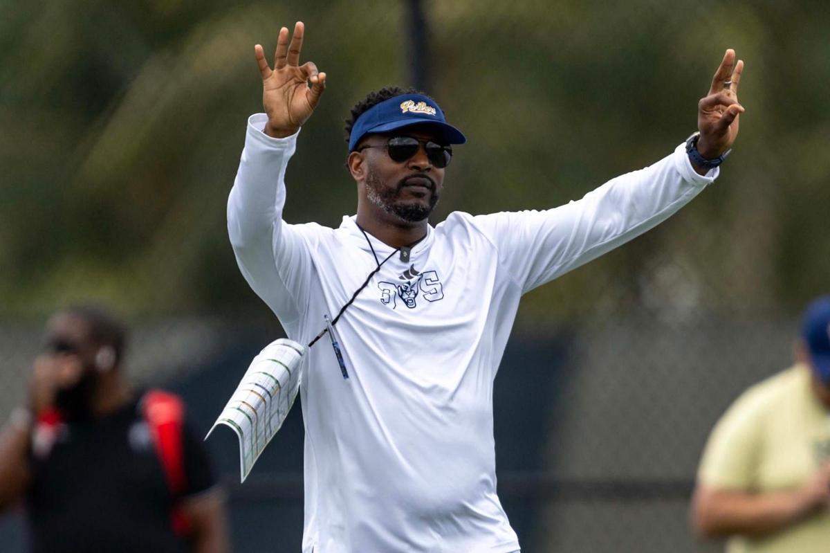 Florida International University Head Coach Willie Simmons reacts during the first day of Spring Practice on campus at the practice fields on Tuesday, March 4, 2025, in Miami, Florida.