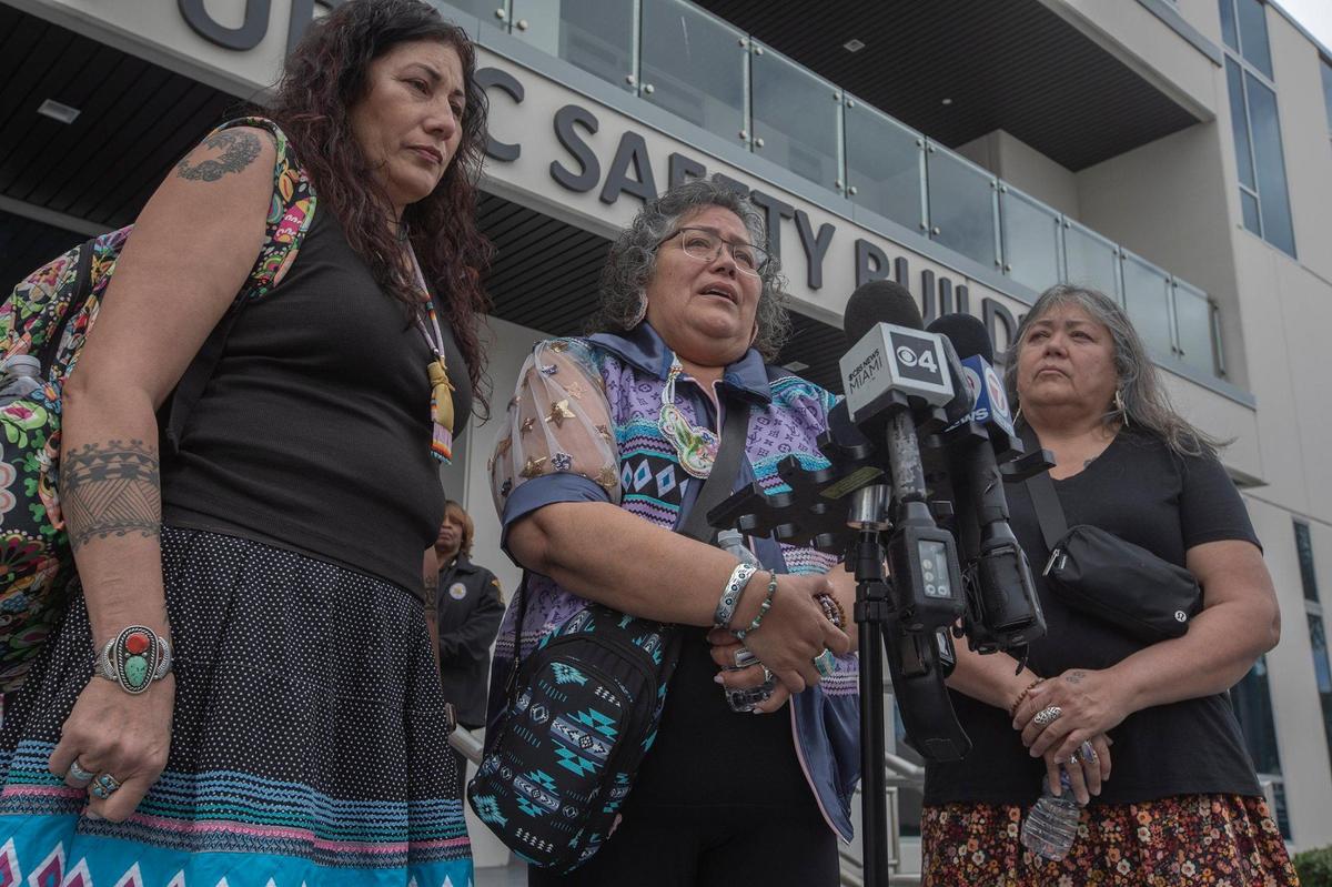Susan Isaacs (Center), the mother of Dylan Brody Isaacs, the Bills fan fatally shot after a Miami Dolphins game, speaks at a press conference next to her sisters (L) Cecelia Skye and (R) Bonnie Skye at the Miami Gardens Police Department on Friday, Feb. 9, 2024.