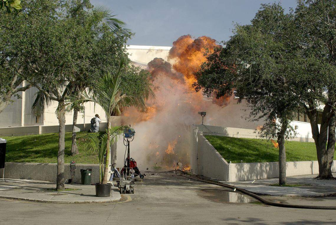 A controlled explosion at the Coconut Grove Convention Center for “Burn Notice.”