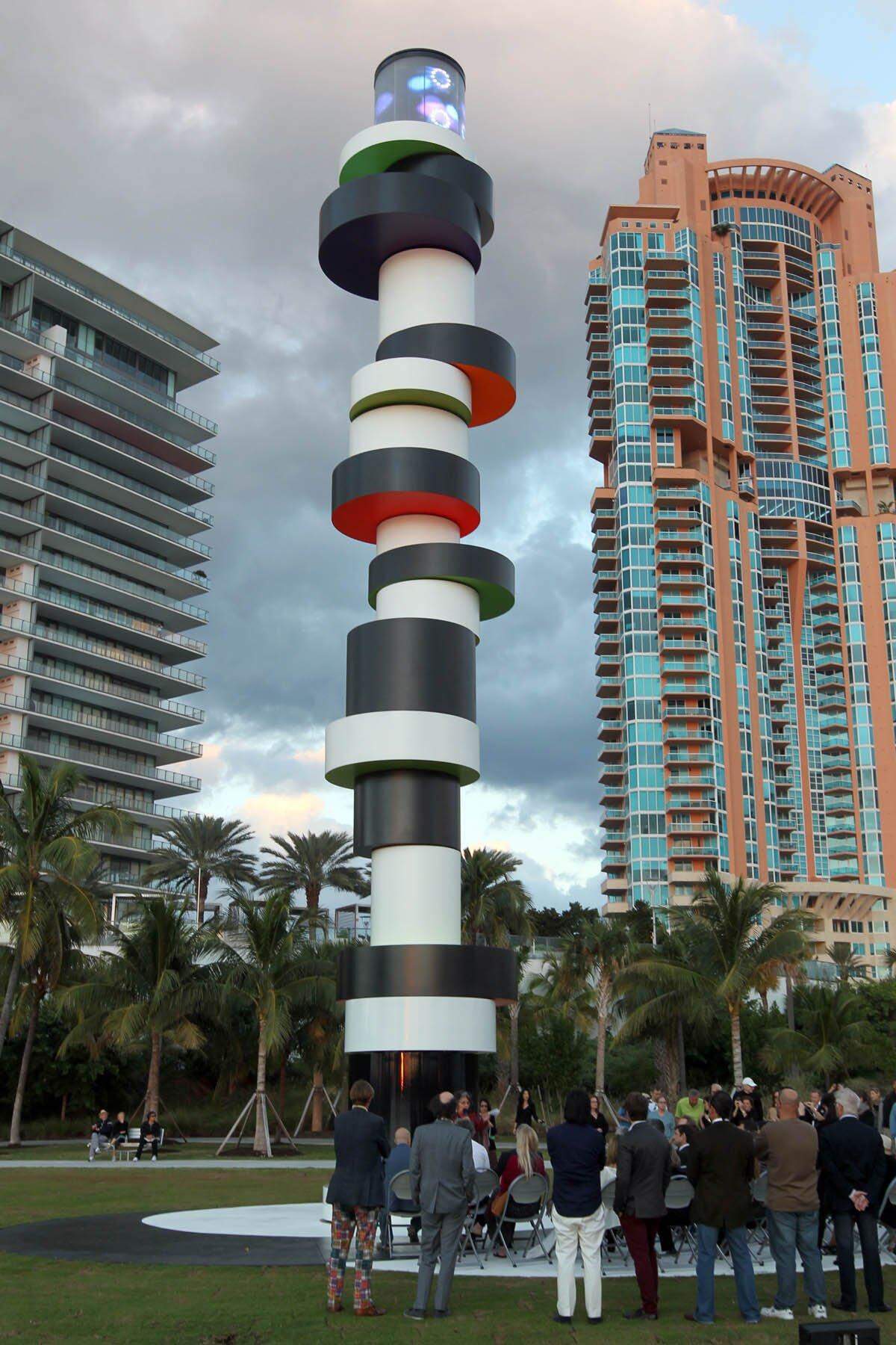 The unveiling of the new lighthouse public art project, created by artist, Tobias Rehberger, took place Dec. 1, 2011, at the end of the jetty in South Pointe Park in Miami Beach.