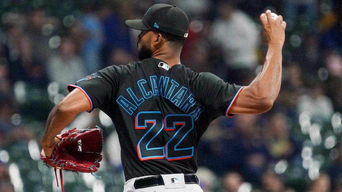 Miami Marlins starting pitcher Sandy Alcantara throws during the first inning of a baseball game against the Milwaukee Brewers Friday, Sept. 30, 2022, in Milwaukee. (AP Photo/Morry Gash)