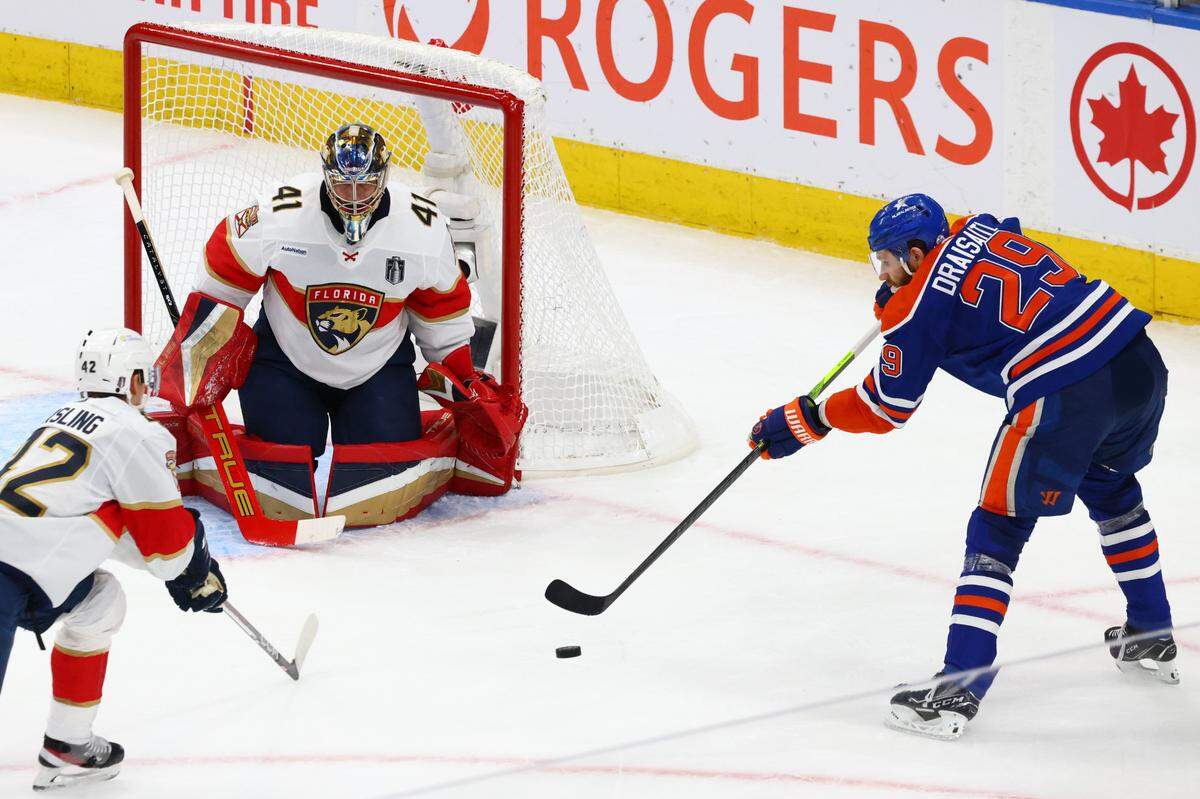 Jun 15, 2024; Edmonton, Alberta, CAN;Edmonton Oilers center Leon Draisaitl (29) shoots the puck on Florida Panthers goaltender Anthony Stolarz (41) in the second period in game four of the 2024 Stanley Cup Final at Rogers Place. Mandatory Credit: Sergei Belski-USA TODAY Sports