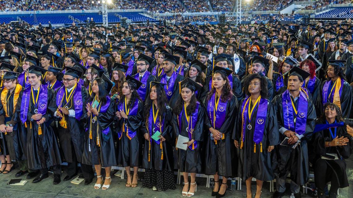 Students celebrate, during the Miami Dade College’s North, Hialeah and West Campuses 2025 Commencement ceremonies at the LoanDepot Park, in Miami on Saturday, April 26, 2025.