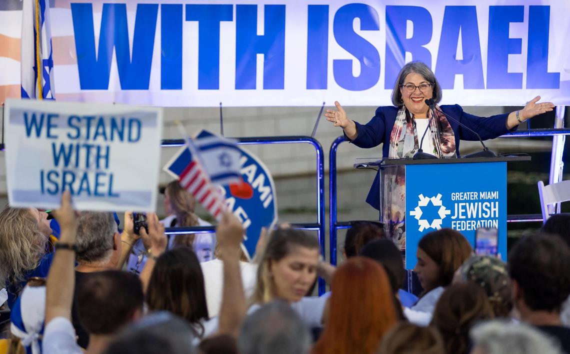 Miami-Dade County Mayor Daniella Levine Cava speaks during a rally at the Holocaust Memorial on Tuesday, Oct. 10, 2023, in Miami Beach, Fla. People gathered to the event, which was hosted by the Greater Miami Jewish Federation, to show solidarity with Israel after Hamas militants launched a deadly assault on the country from Gaza.