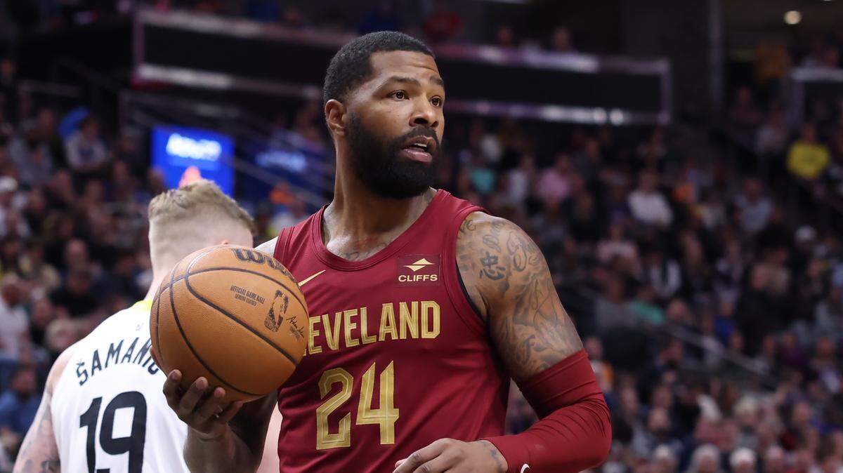 April 2, 2024; Salt Lake City, Utah; Cleveland Cavaliers forward Marcus Morris Sr. (24) reacts to a call against the Utah Jazz during the third quarter at Delta Center. 