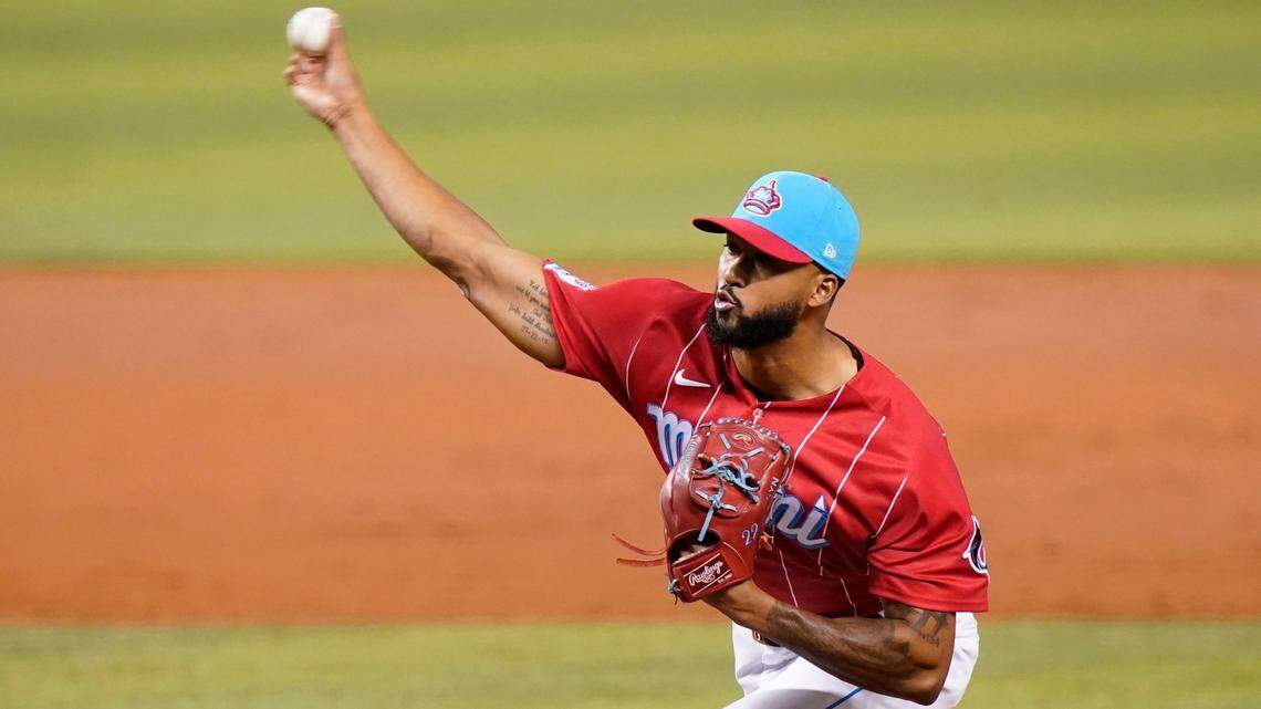 Miami Marlins starting pitcher Sandy Alcantara throws during the third inning of a baseball game against the Philadelphia Phillies, Friday, Oct. 1, 2021, in Miami. (AP Photo/Lynne Sladky)