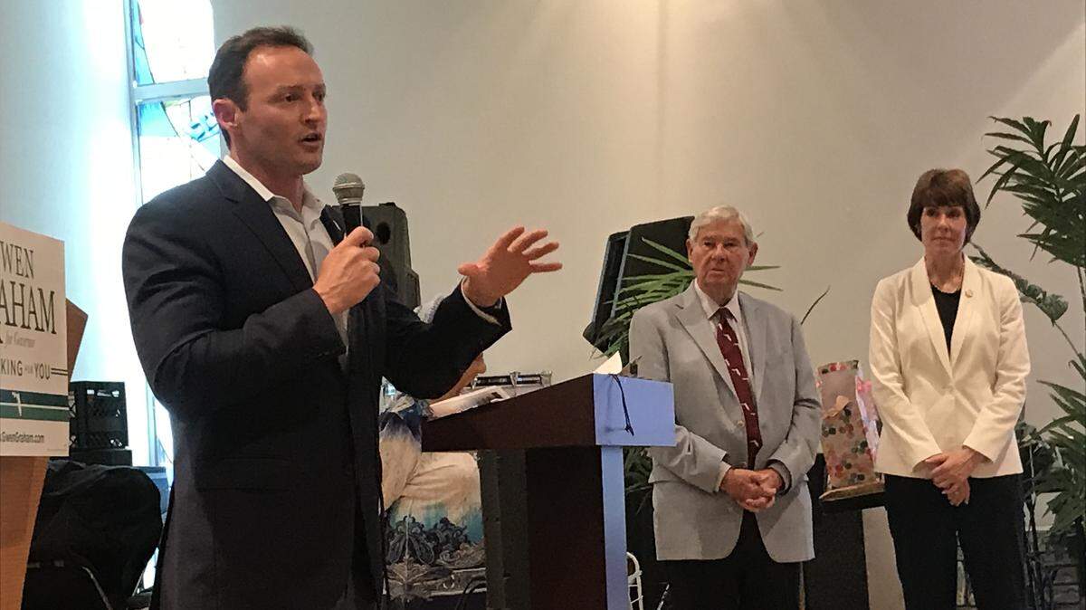 Patrick Murphy announces he's endorsing Gwen Graham for governor as Graham and her father, former U.S. Sen. Bob Graham, listen on at Century Pines Jewish Center in Pembroke Pines.