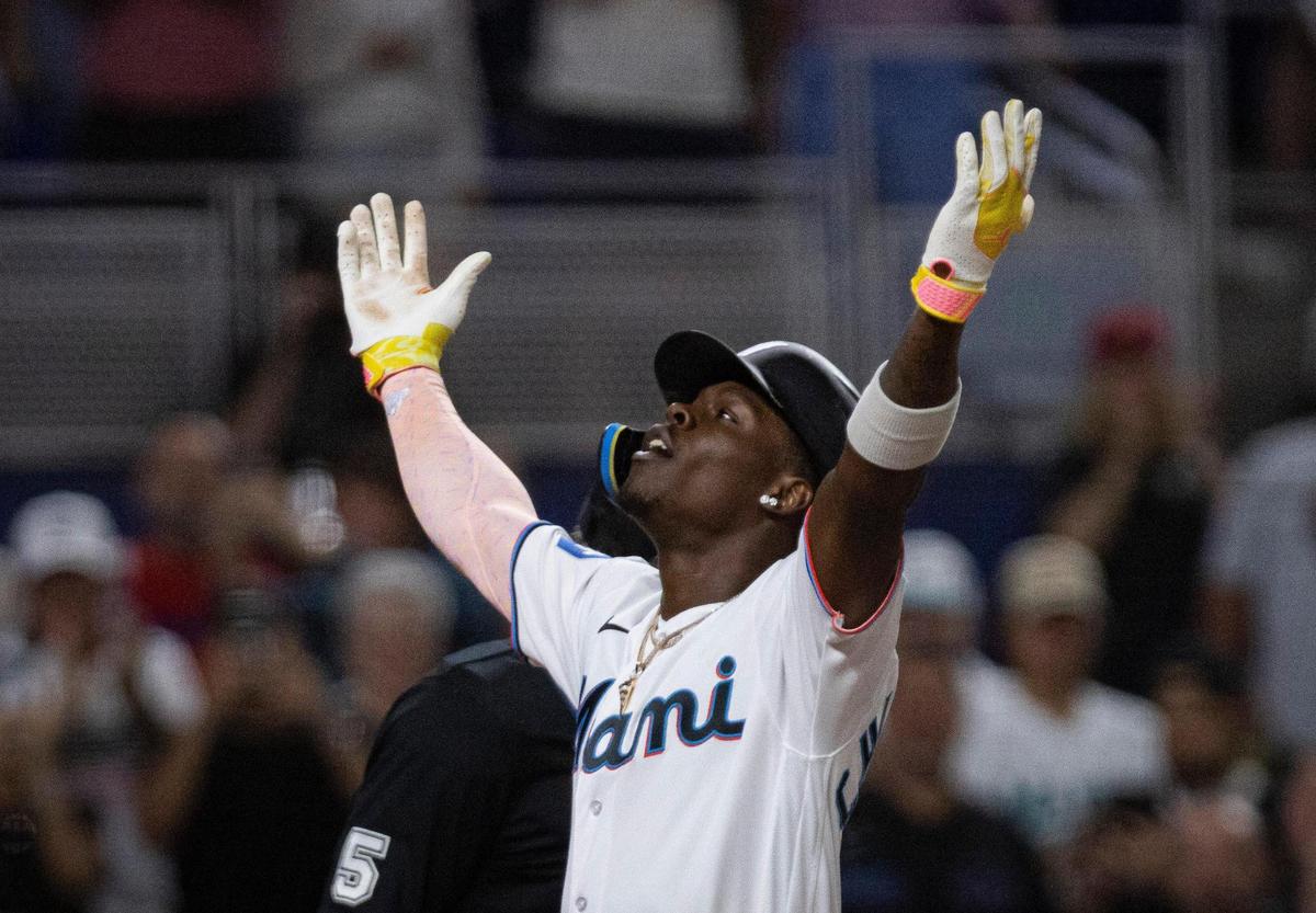 Miami Marlins center fielder Jazz Chisholm Jr. (2) reacts after getting a home run in the fifth inning during a baseball game against the Los Angeles Dodgers on Wednesday, Sept. 6, 2023, at loanDepot Park in Miami.