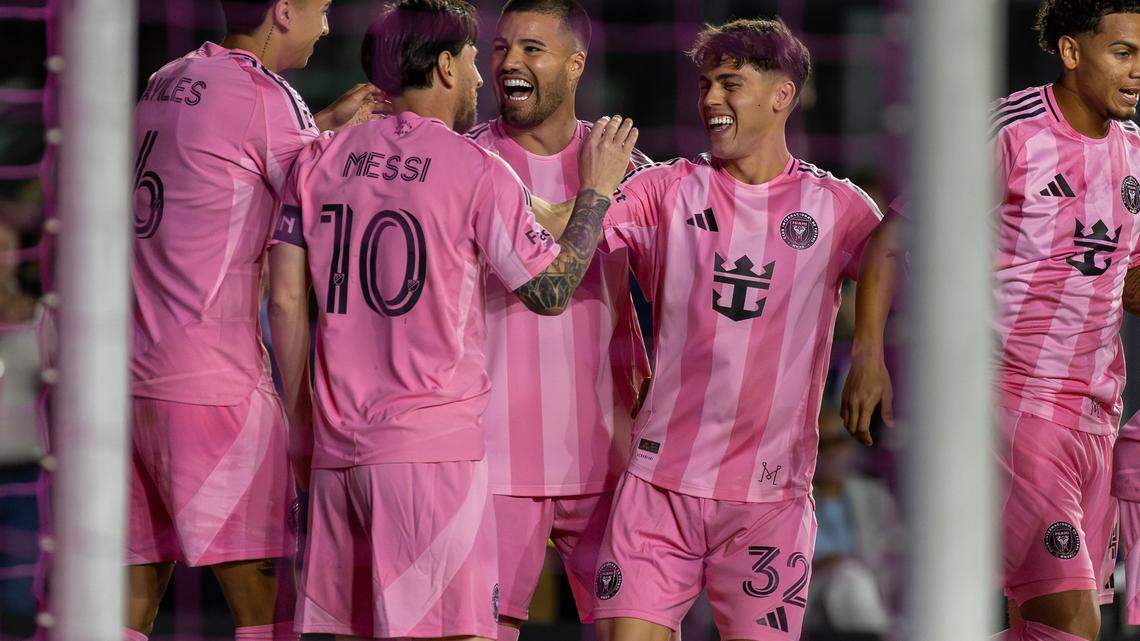 Inter Miami midfielder Tomás Avilés (6) celebrates with teammates Marcelo Weigandt (57), Lionel Messi (10), Noah Allen (32), and David Ruiz (41) after scoring a goal against New York City during their MLS match at Chase Stadium on Feb. 22, 2025, in Fort Lauderdale, Fla. They have been in a recent slump, dropped to seventh place in the East, and hope to rebound with a home win over Montreal on May 28, 2025.