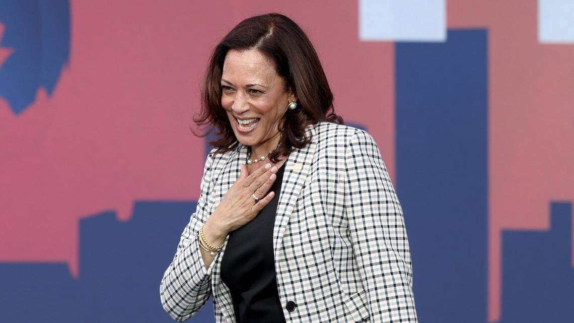 Kamala Harris, then still a candidate but now the U.S. vice president, reacted as she spoke during a drive-in rally she held at FIU’s south campus in Miami on Oct. 31, 2020, as she campaigned before Election Day, Nov. 3.