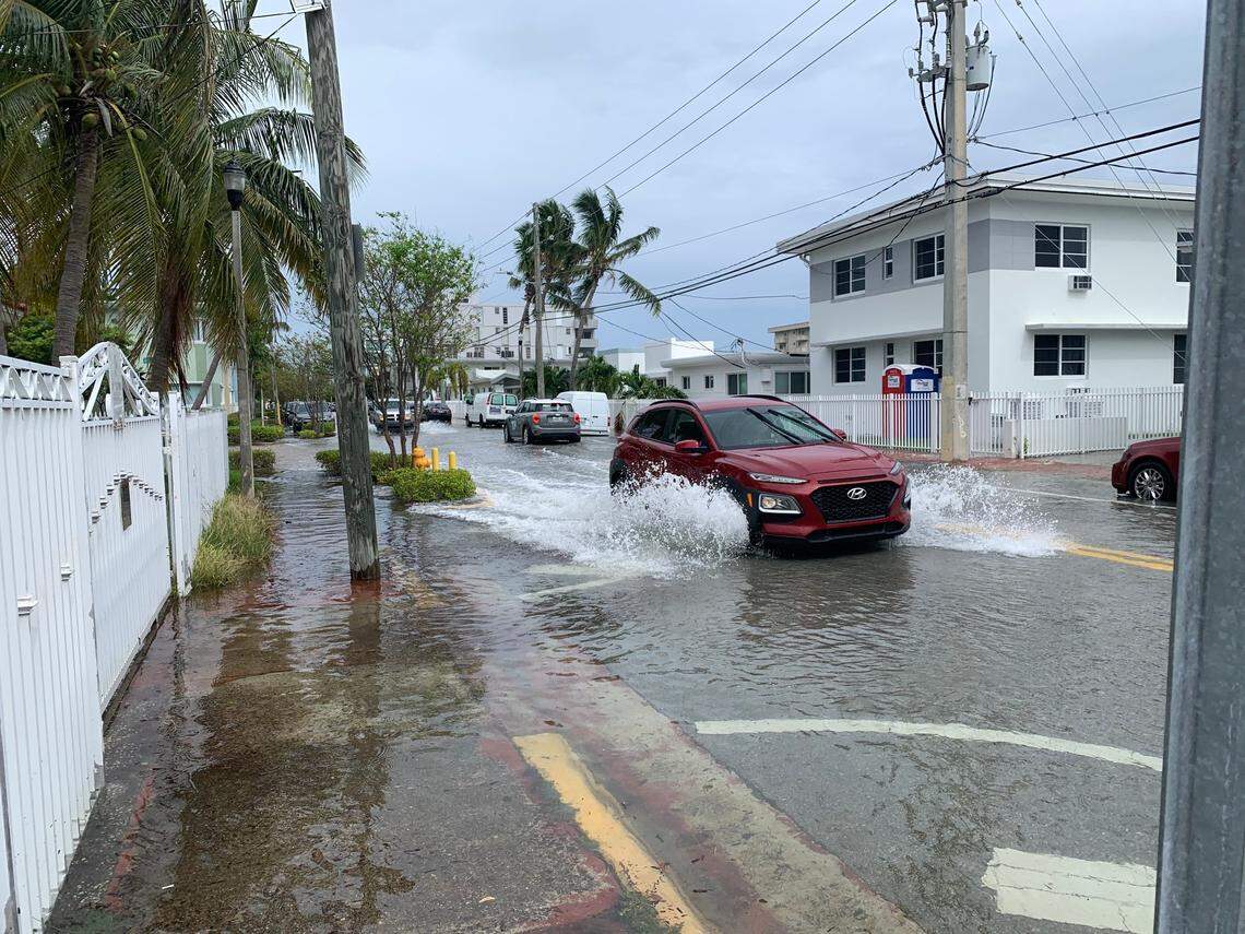 The corner of 82nd Street and Crespi Boulevard in Miami Beach flooded completely on October 19, 2020, during high tide a few days after the peak of a king tide.