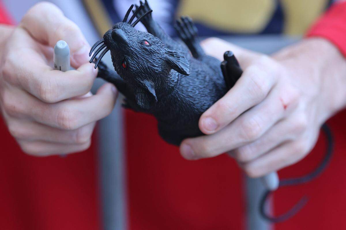 Panthers fan holds a plastic rat in hand as he and others wait outside the Elbo Room in Fort Lauderdale at sunrise the day after the Florida Panthers won the Stanley Cup Final for the second time on Wednesday, June 18, 2025.