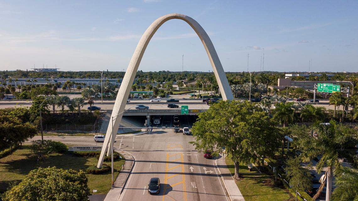 Aerial view of the Sunshine State Arch on Thursday, May 11, 2023, in Miami Gardens, Fla.