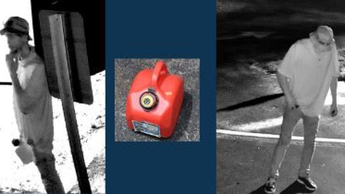 Surveillance photos of the suspect and the red plastic gas container left behind.