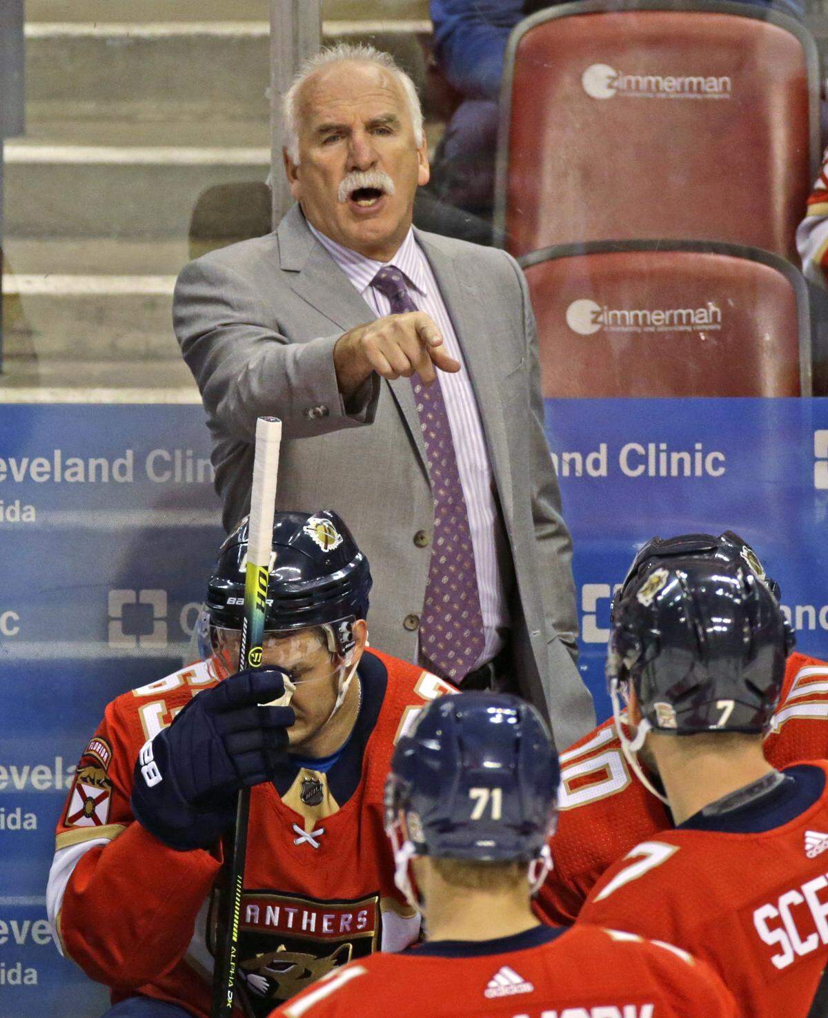 Florida Panthers head coach Joel Quenneville gives instruction to his team during the first period&nbsp;of an NHL regular season hockey game against the Calgary Flames at the BB&T Center on Sunday, March 1, 2020 in Sunrise.