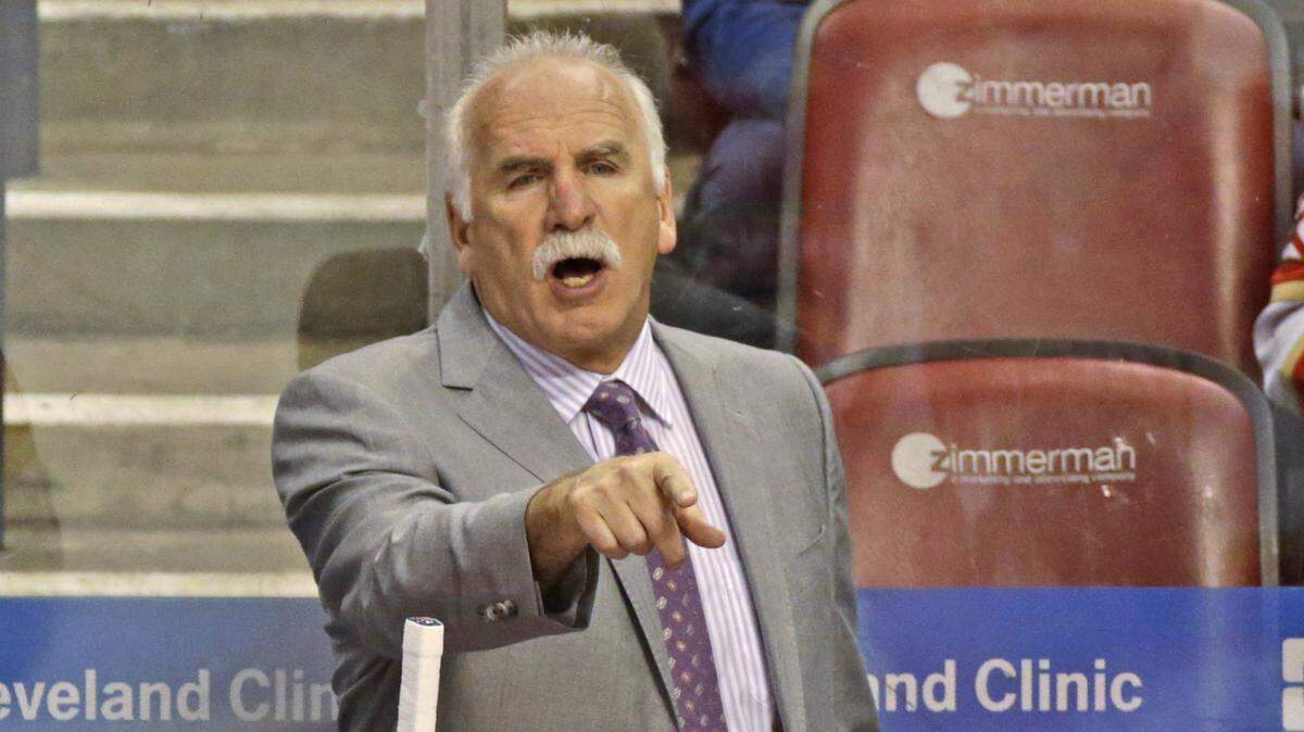 Florida Panthers head coach Joel Quenneville gives instruction to his team during the first period of an NHL regular season hockey game against the Calgary Flames at the BB&T Center on Sunday, March 1, 2020 in Sunrise.