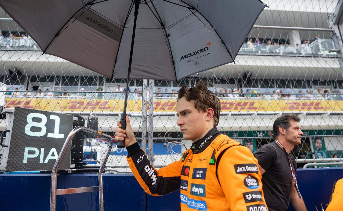 McLaren driver Oscar Piastri of Australia uses an umbrella before the start of his Sprint race on the second day of the Formula One Miami Grand Prix at the Miami International Autodrome on Saturday, May 3, 2025, in Miami Gardens, Fla.