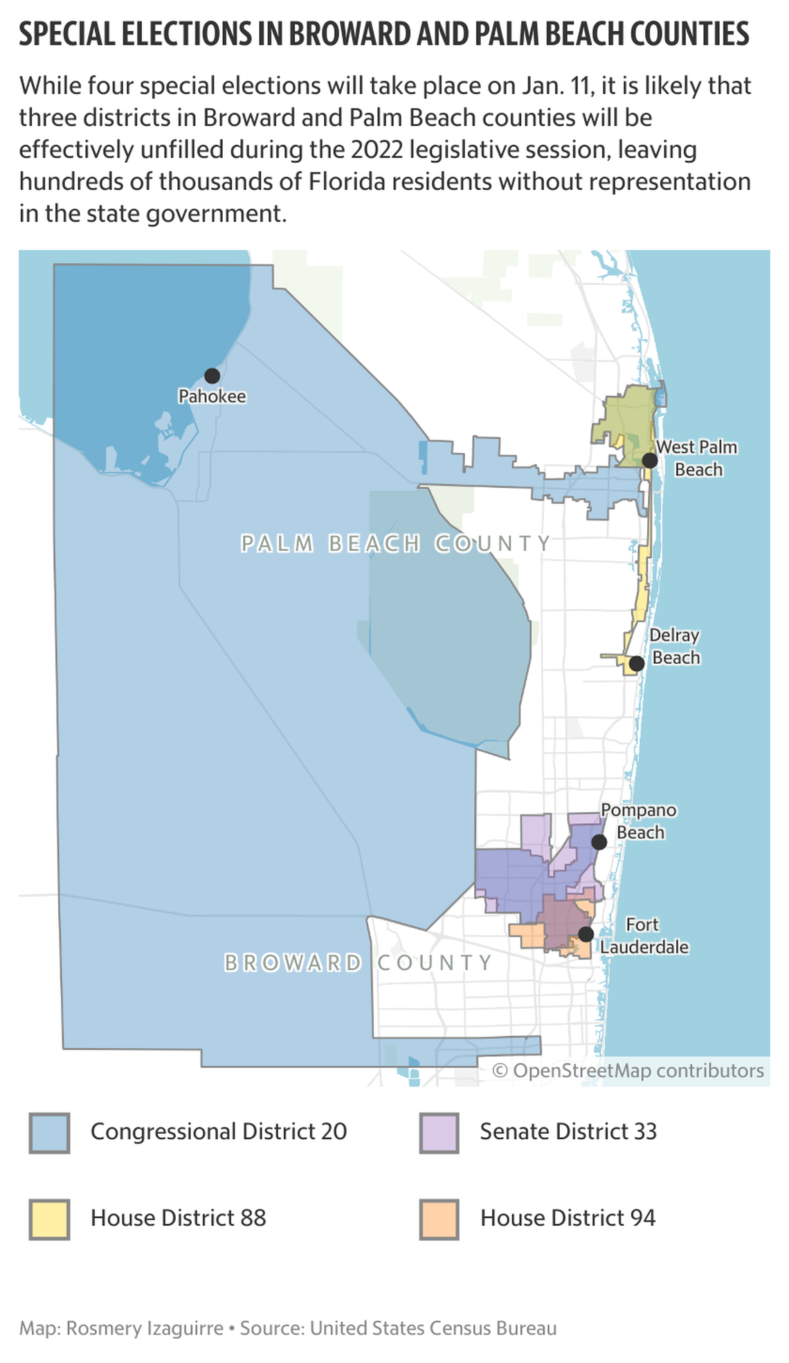 Three districts in Broward and Palm Beach counties will go unfilled during the 2022 legislative session, leaving hundreds of thousands without representation.