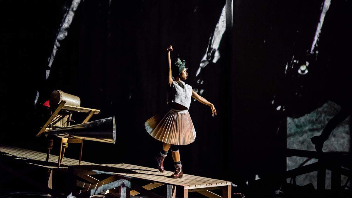 Dancer Julia Zenzie Burham performs in William Kentridge’s “The Head and the Load” at Miami’s Arsht Center.