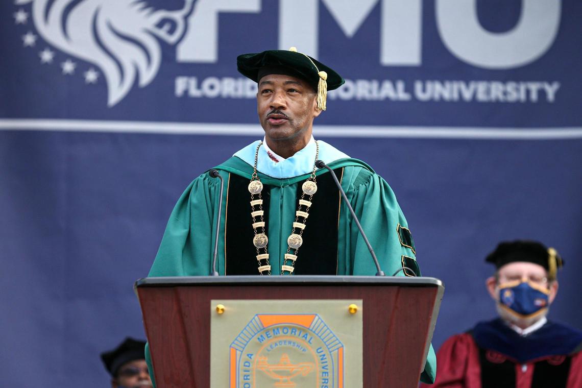 Florida Memorial University President Jaffus Hardrick speaks during a joint commencement ceremony for students graduating in the class of 2020 and 2021 at the FMU campus in Miami Gardens, Florida, on Saturday, May 8, 2021.