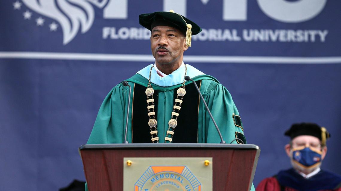 Florida Memorial University President Jaffus Hardrick speaks during a joint commencement ceremony for students graduating in the class of 2020 and 2021 at the FMU campus in Miami Gardens, Florida, on Saturday, May 8, 2021.