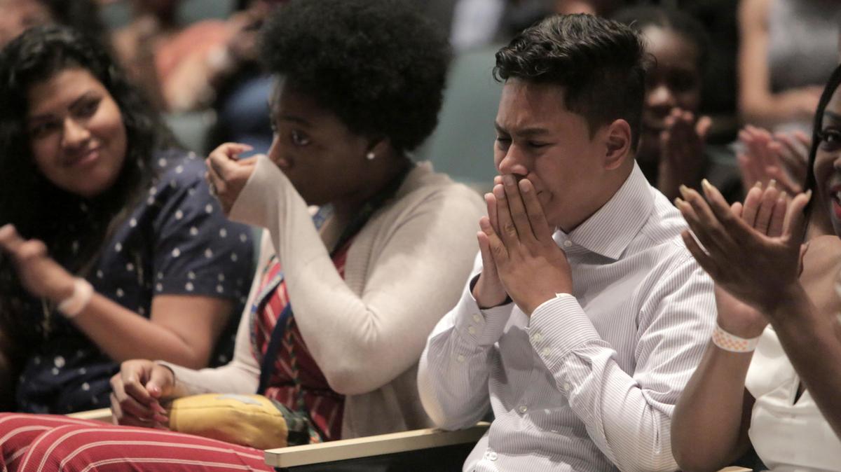 Booker T. Washington High School seniors Janiyah Kennedy and Alexander Castillo were surprised at their Friday morning Senior Awards ceremony when they both received a fully paid college scholarship from the Biscayne Bay Kiwanis Club. The scholarships are valued at approximately $30,000.