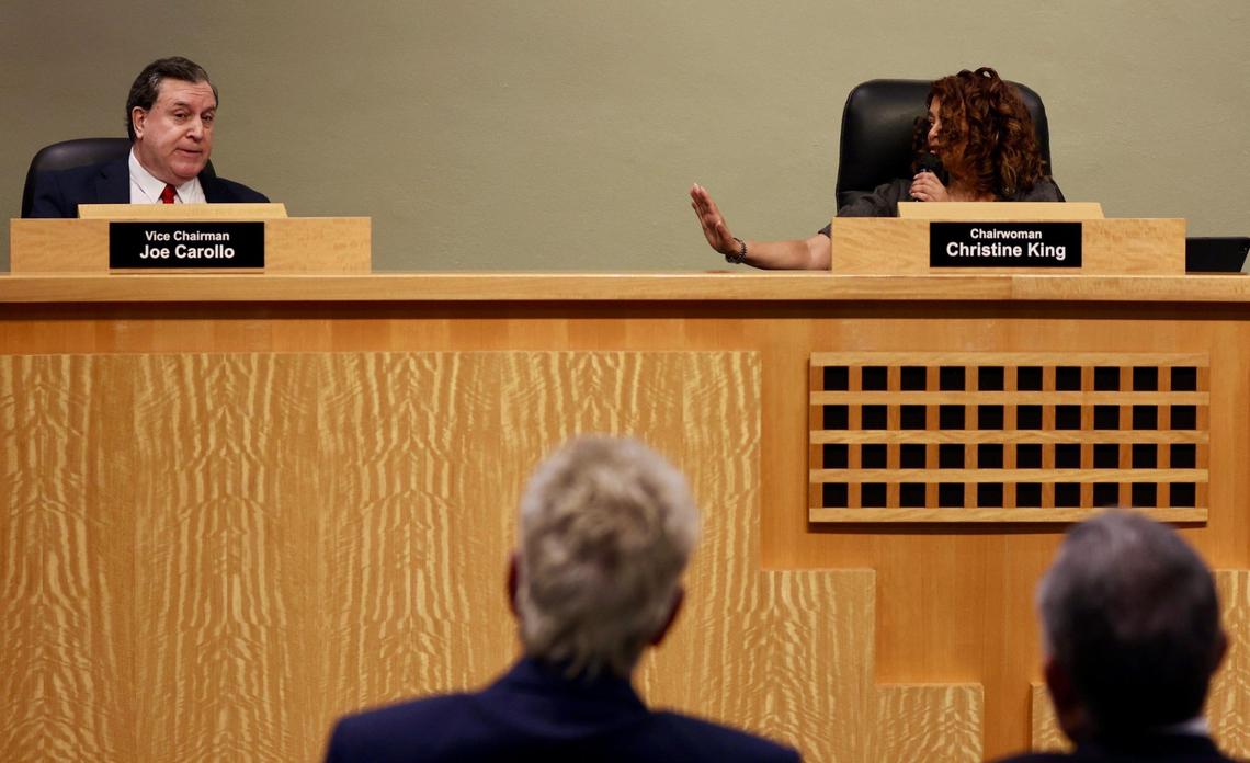 Miami Commissioner Joe Carollo, left, is told to hold his remarks by Commission Chairwoman Christine King during a special meeting regarding the city’s budget at Miami City Hall on Monday, December 11, 2023.