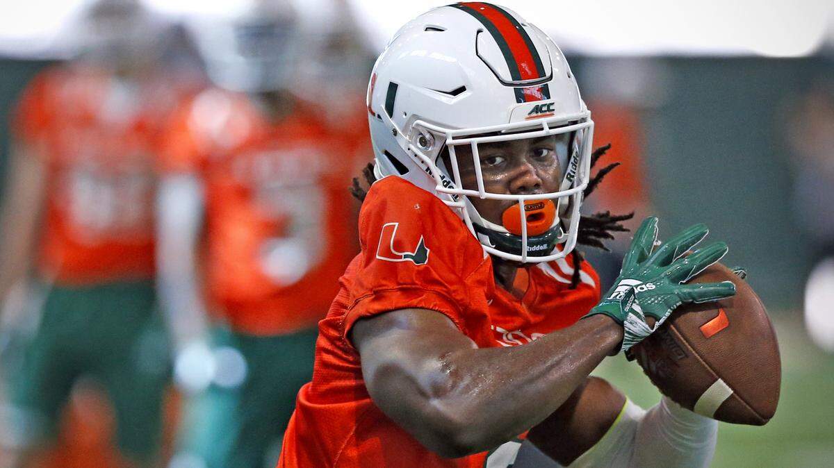 Miami Hurricanes wide receiver K.J. Osborn (2) catches the ball during a Miami Hurricanes 2019 spring football practice at the Carol Soffer Indoor Practice Facility.