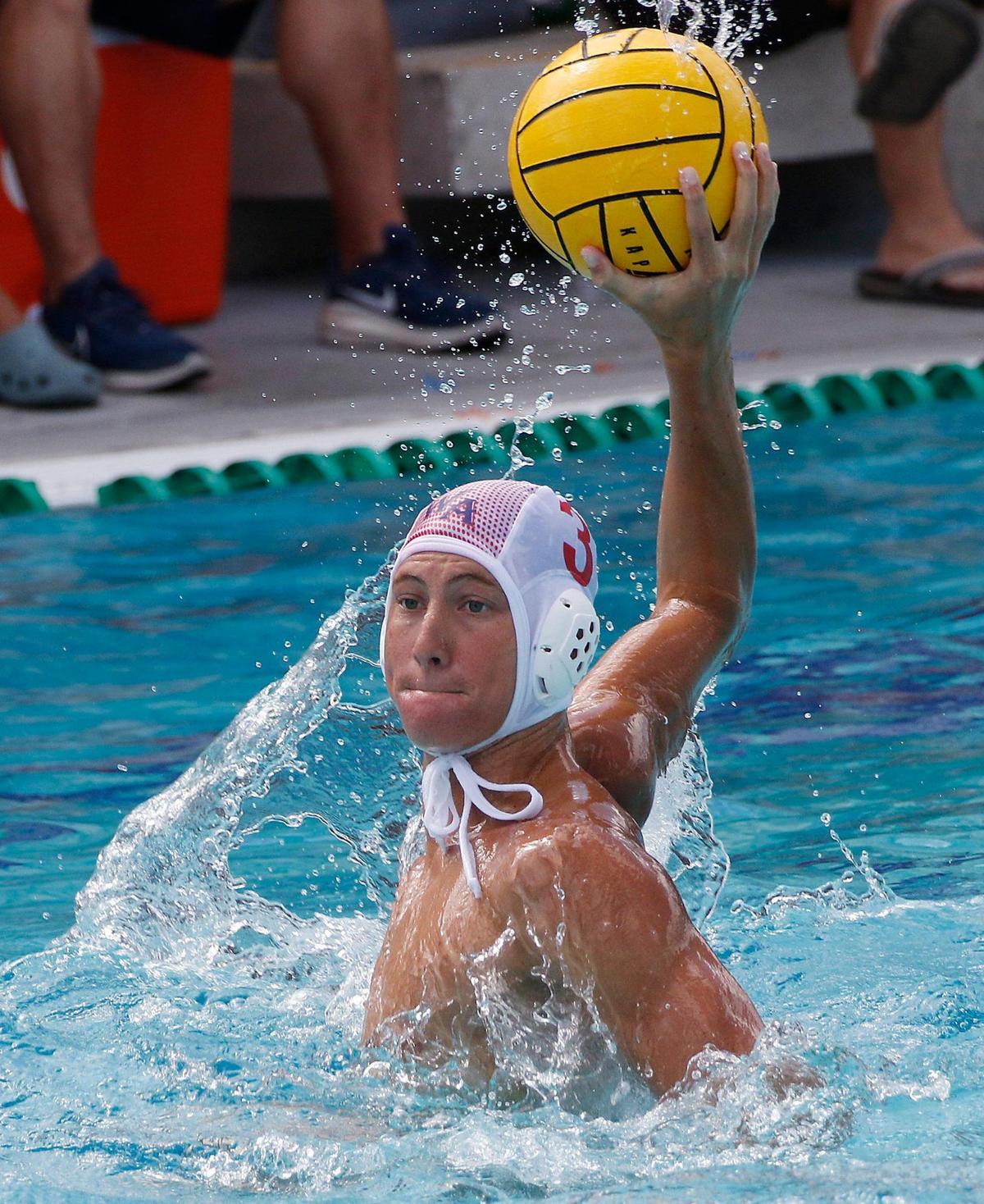 Westminster Academy Dane Fox prepares to throw the ball during the FHSAA Boys Water Polo State Championship final match against Mater Lakes Academy on Saturday, April 26, 2025 at Gian Zumpano Aquatic Center in Miami.