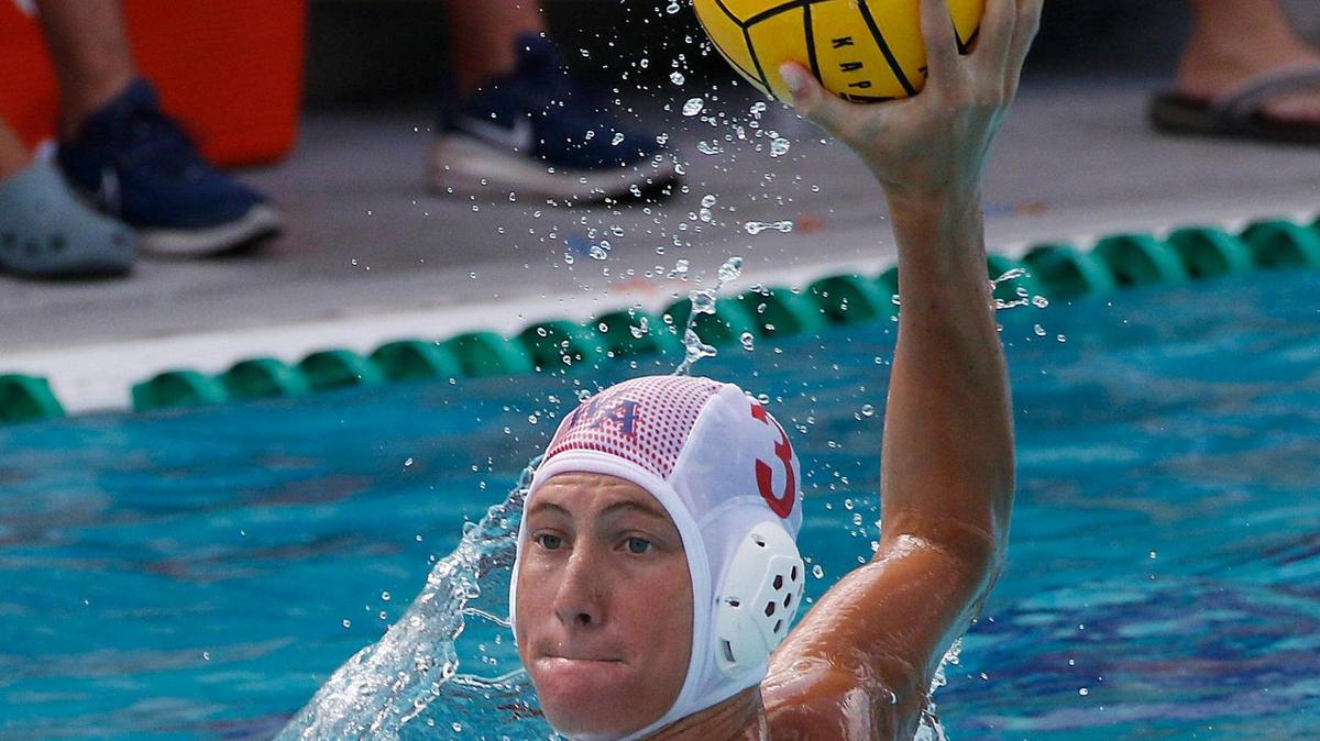 Westminster Academy Dane Fox prepares to throw the ball during the FHSAA Boys Water Polo State Championship final match against Mater Lakes Academy on Saturday, April 26, 2025 at Gian Zumpano Aquatic Center in Miami.