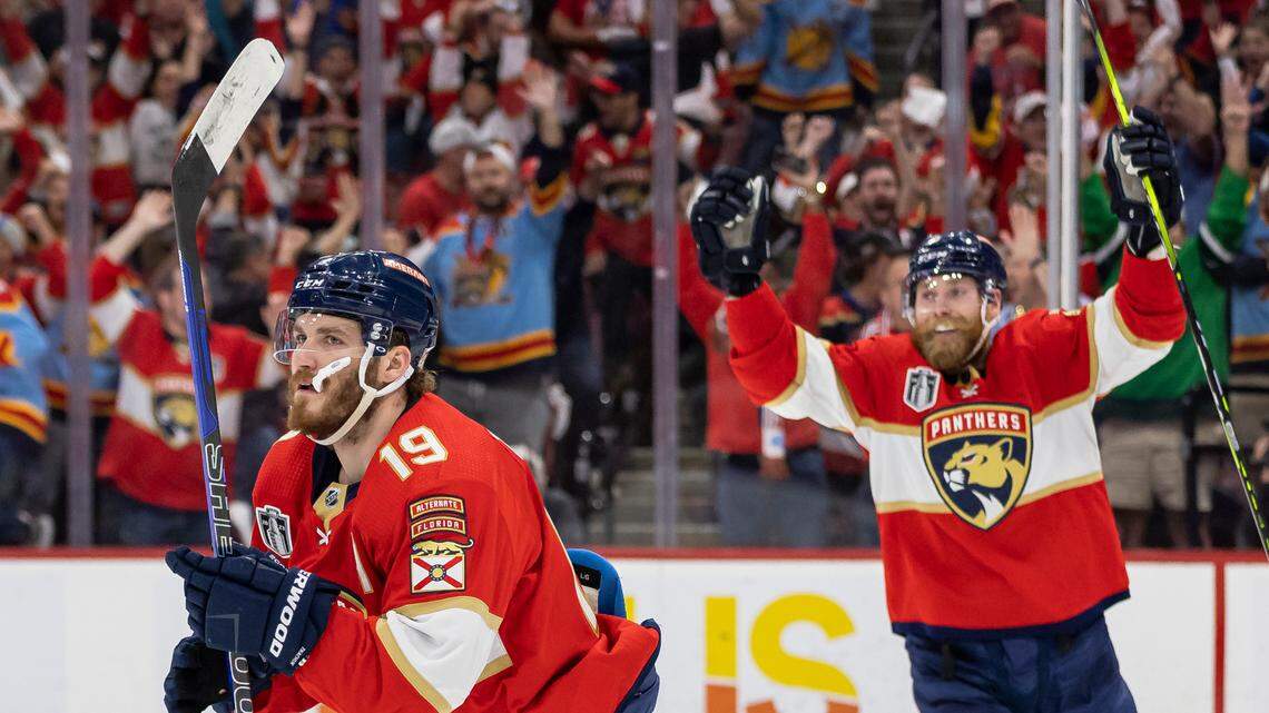 Florida Panthers left wing Matthew Tkachuk (19) celebrates after scoring a goal against the Vegas Golden Knights in the third period of Game 3 of the NHL Stanley Cup Final at the FLA Live Arena on Thursday, June 8, 2023, in Sunrise, Fla.