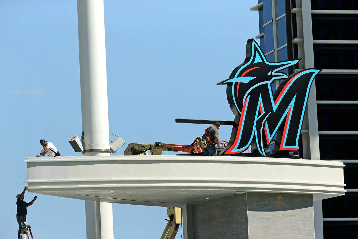 Marlins Park workers working at the AutoNation Alley during the workout day ahead of Opening Day at the Marlins Park on Wednesday, March 27, 2019 in Miami.