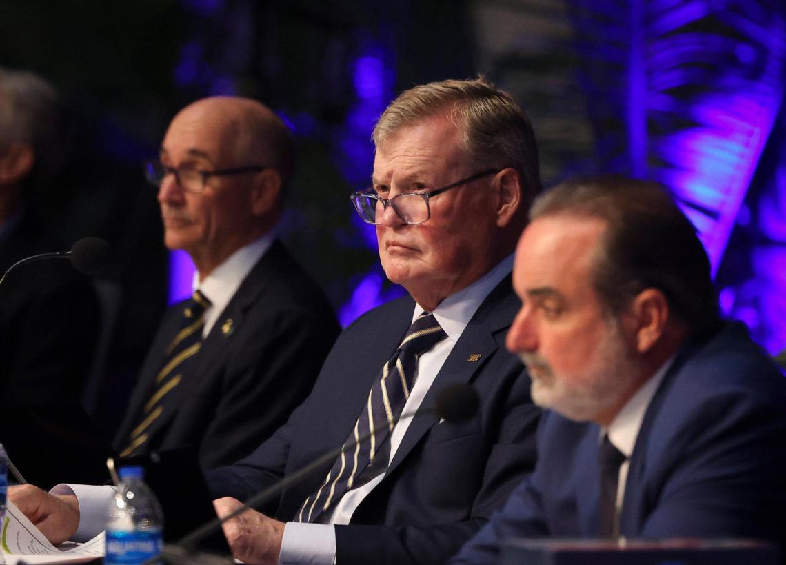 Dean Colson, chair of the Florida International University Board of Trustees, listens to public comment during the board meeting Thursday, April 27, 2023, at the Graham Center ballroom at Florida International University main campus. At the meeting, FIU medical school announced it was partnering with Baptist Health South Florida.
