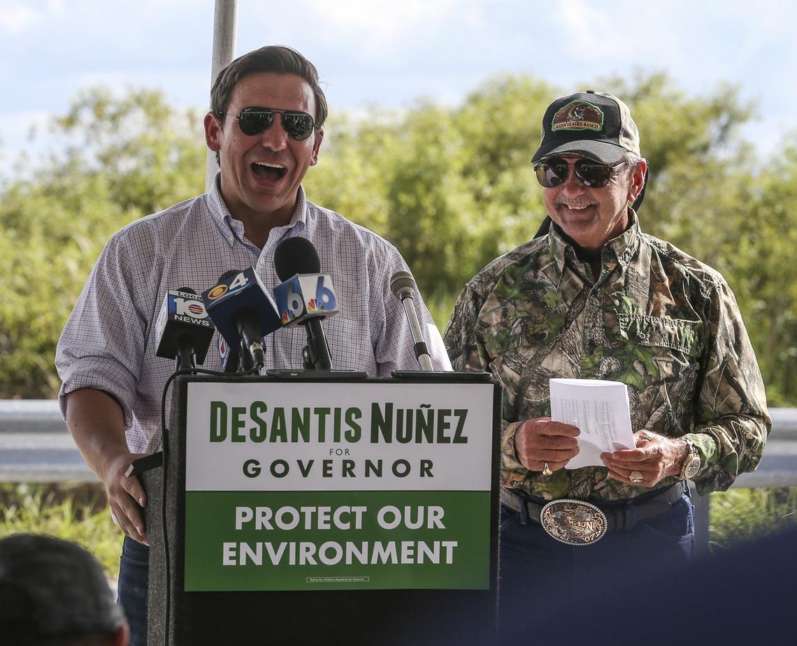 Alligator Ron Bergeron (right) and GOP Florida Gubernatorial Candidate Ron DeSantis (left) took an airboat tour of the Florida Everglades Wednesday. Bergeron is a former Florida Fish and Wildlife Conservation Commissioner and champion of the Florida Everglades.