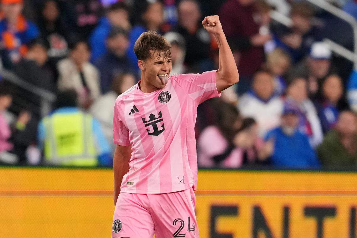 CINCINNATI, OHIO - NOVEMBER 23: Mateo Silvetti #24 of Inter Miami CF celebrates after scoring the team's second goal during the Conference Semifinal match between FC Cincinnati and Inter Miami FC as part of the 2025 MLS Cup Playoffs at TQL Stadium on November 23, 2025 in Cincinnati, Ohio.  (Photo by Jeff Dean/Getty Images)