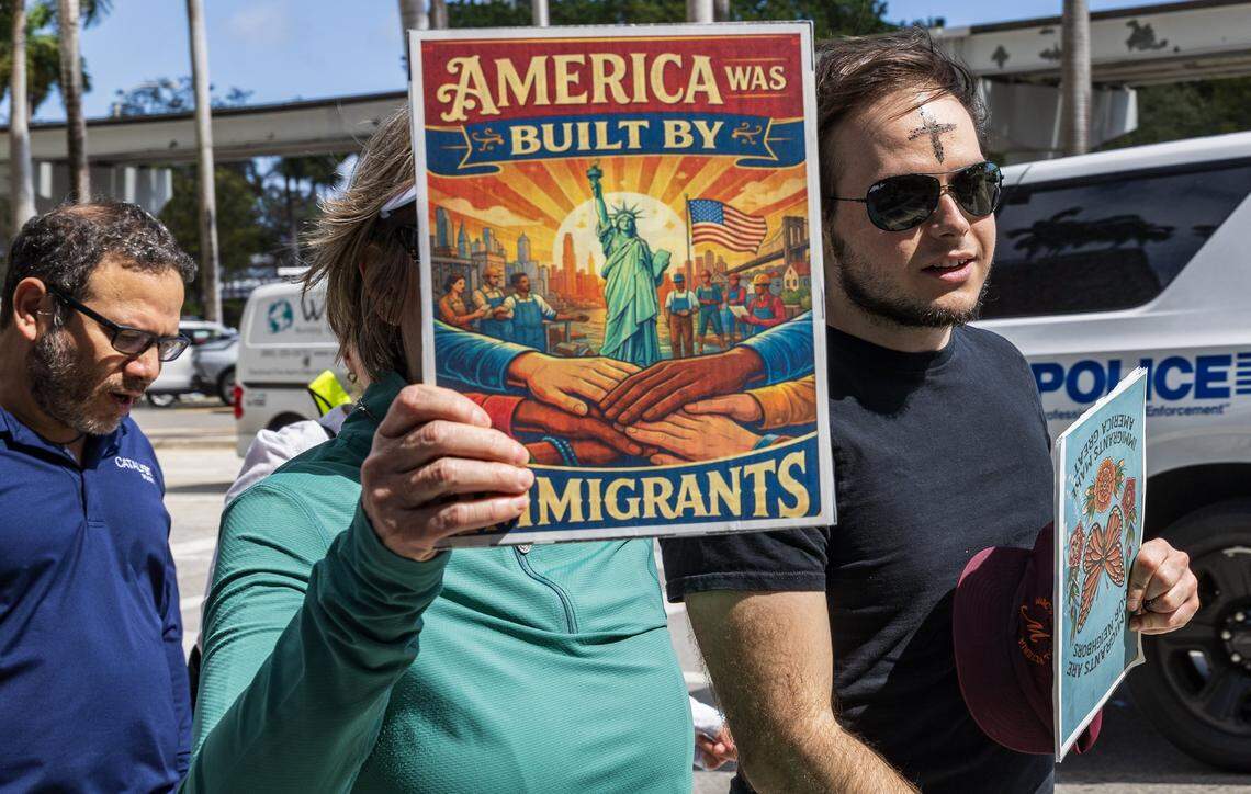 Quinn Louis was among a group of immigrants advocates attending a march along Biscayne Boulevard for Immigrants beginning at First Church Miami and ending at the Immigration Court in downtown Miami, on Wednesday, February 18, 2026.