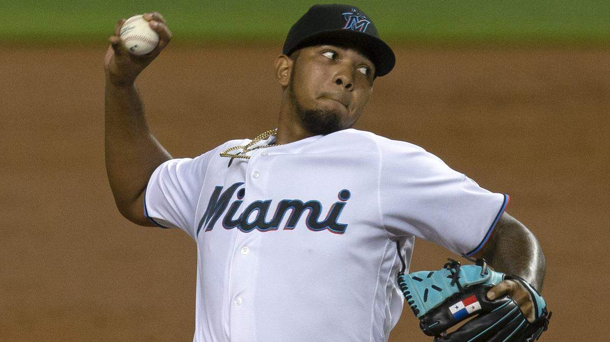 Miami Marlins pitcher Humberto Mejia (77) pitches against the New York Mets during the third inning of a baseball game at at Marlins Park in Miami on Tuesday, Aug. 18, 2020.