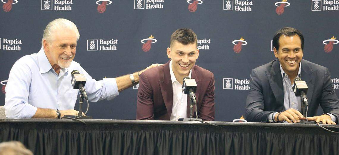 Heat first-round pick Tyler Herro with Heat president Pat Riley and coach Erik Spoelstra at the rookie’s introductory press conference at AmericanAirlines Arena on June, 21, 2019.
